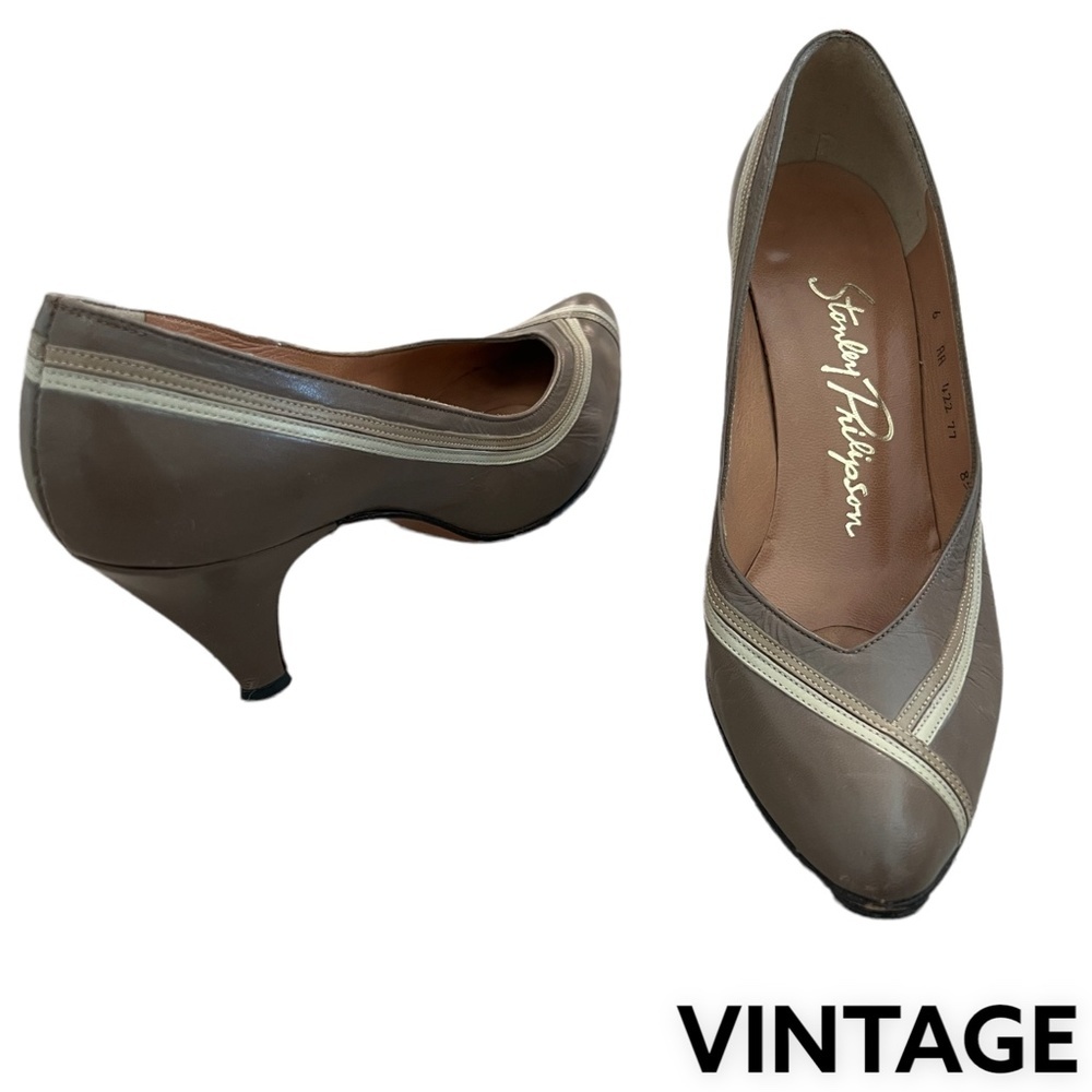 STANLEY PHILIPSON Heels Pumps Leather 3-Tone Taupe/brown with Detail 6AA Vintage